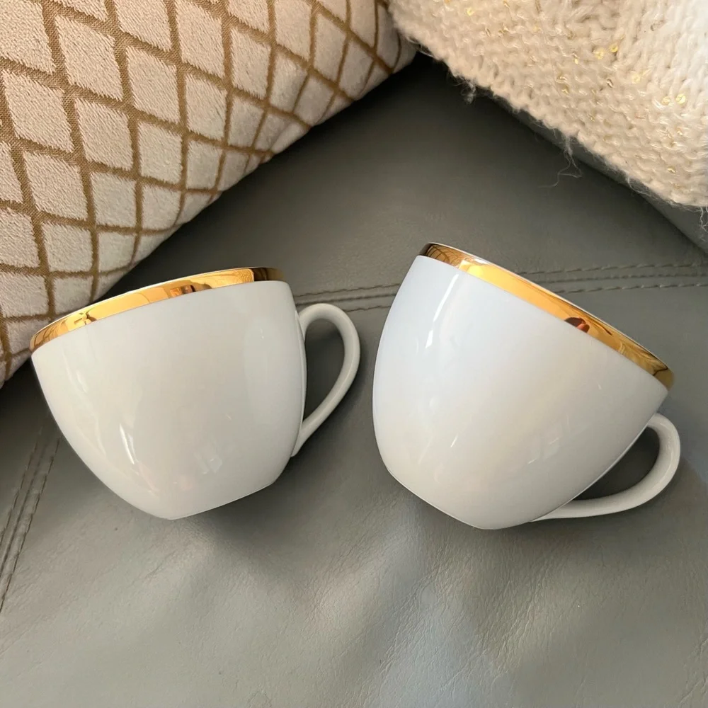 WILLIAMS SONOMA Brasserie JAPAN Gold Band PORCELAIN Tea Coffee Cups SET of 2